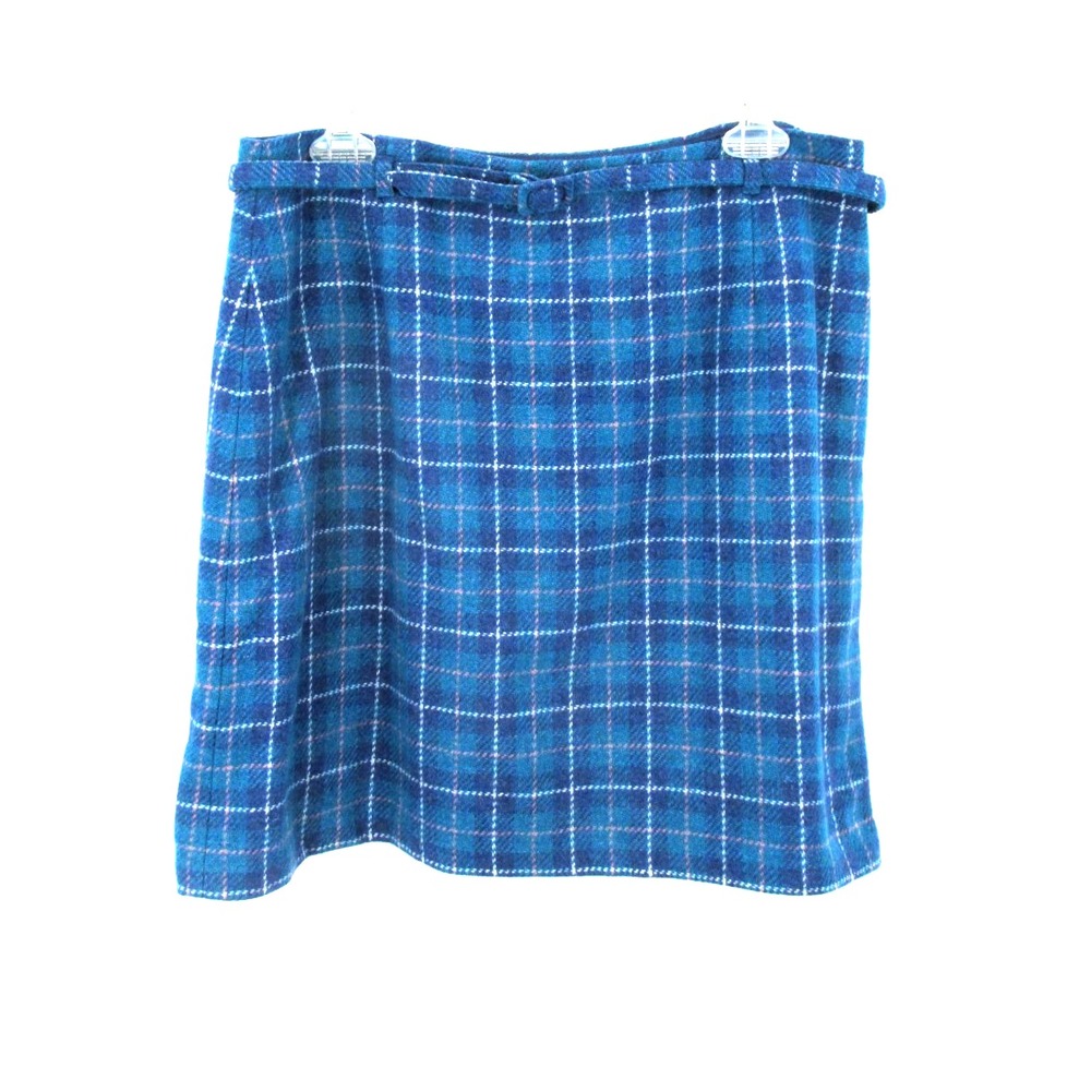 J. CREW Midi Tartan Plaid Skirt Women 14 Blue Wool Blend Belt Academia Old Money